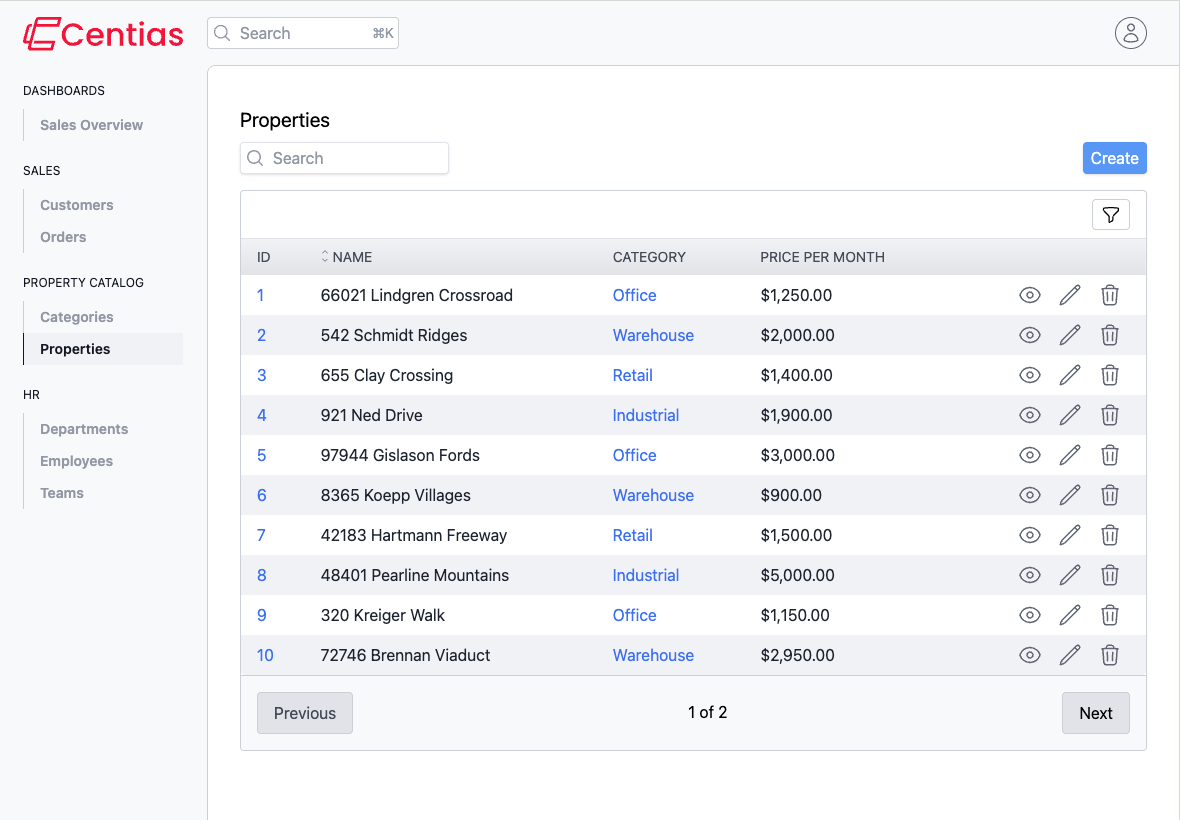 Screenshot of Centias used in a demo application